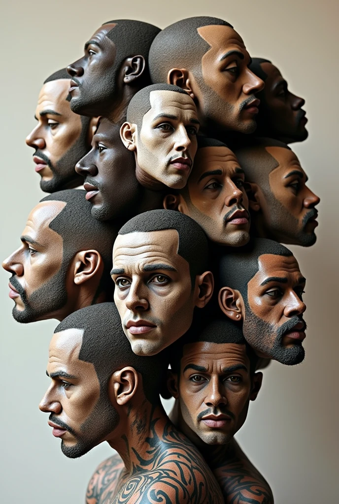 Expressionist artwork images of multiple floating ceramic heads of heavily tattooed black men, 3d collage style, make it weird and gallery worthy