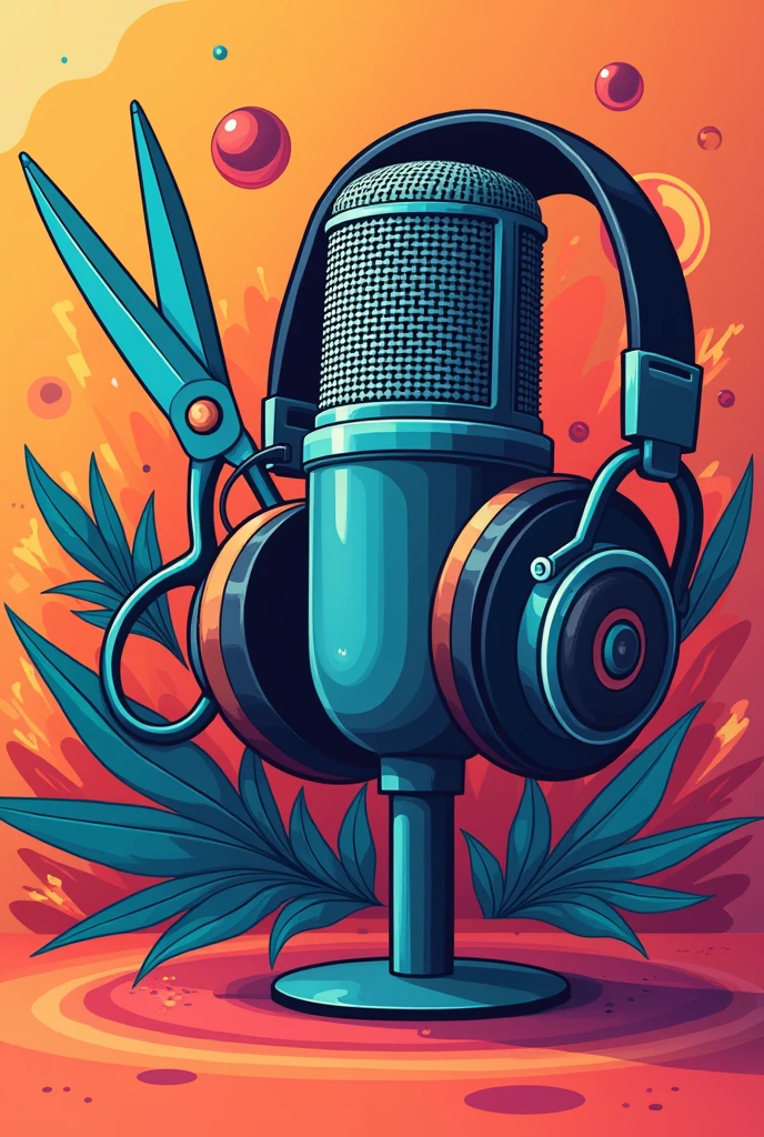 Make me a musical jingle art with a picture of a microphone and a headphone and scissors

