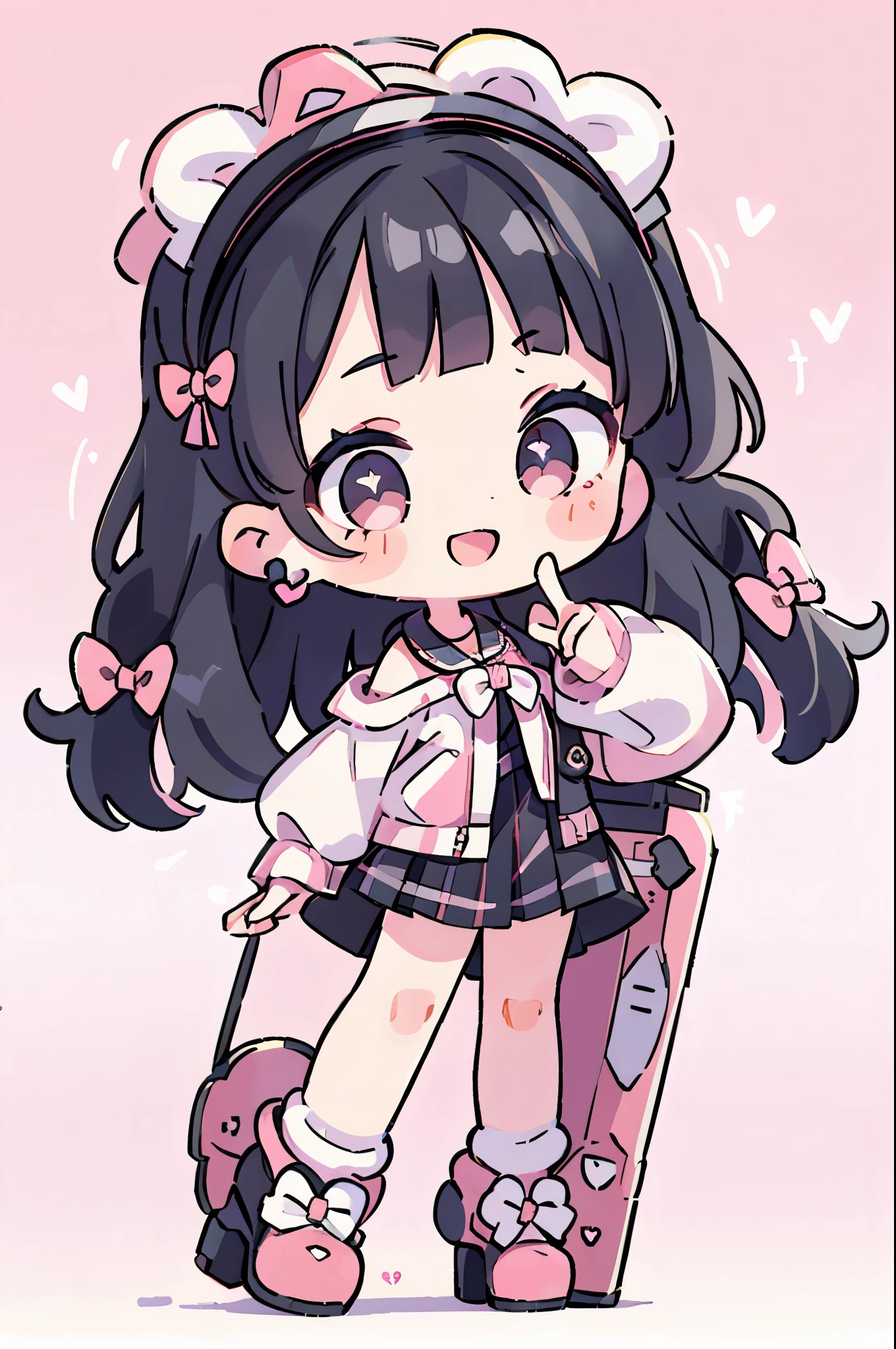 ((from front)),
((chibi)),
((peace sign)),
high resolution,smile,woman,woman1人,adult,cute,
blunt bangs, black hair, pink streaked hair, wavy hair, long hair, BREAK,
Red eyes,Sparkling Eyes,BREAK,
((Landmine fashion)),
Pink off-shoulder top,BREAK,Black plaid pleated skirt,BREAK,Black high heels,
Ribbon headband,BREAK,Heart Earrings,BREAK,Lace choker,BREAK,
Pink hearts on a white background,