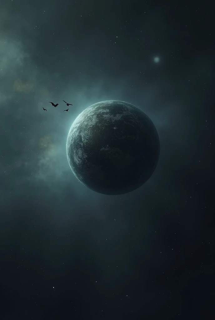 A very small black spot seen from a distance heading towards the earth, in the form of a cosmic horror