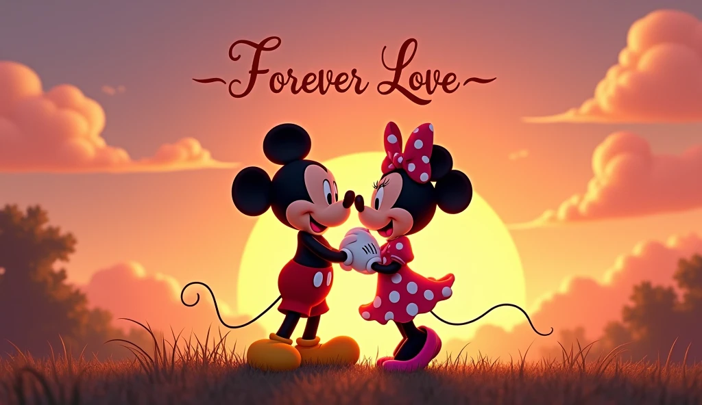 Mickey and Minnie Mous in love at sunset
Lettering forever love 
