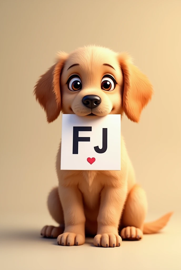 Dog sitting with a card in his mouth that says an F and J with a heart at the end of it