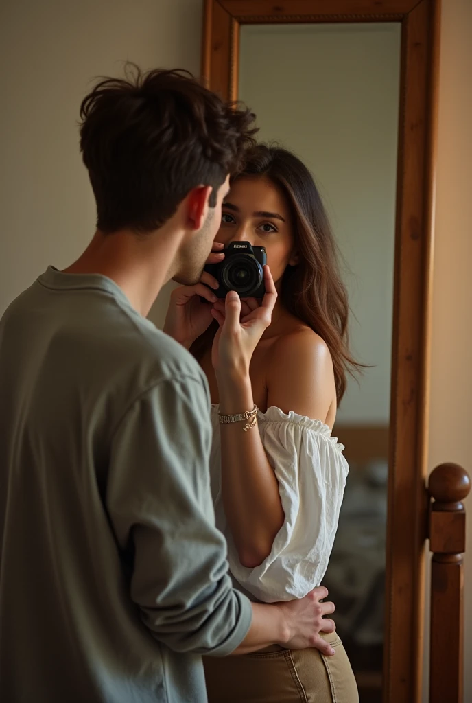 Young man taking photos with his partner in front of the mirror