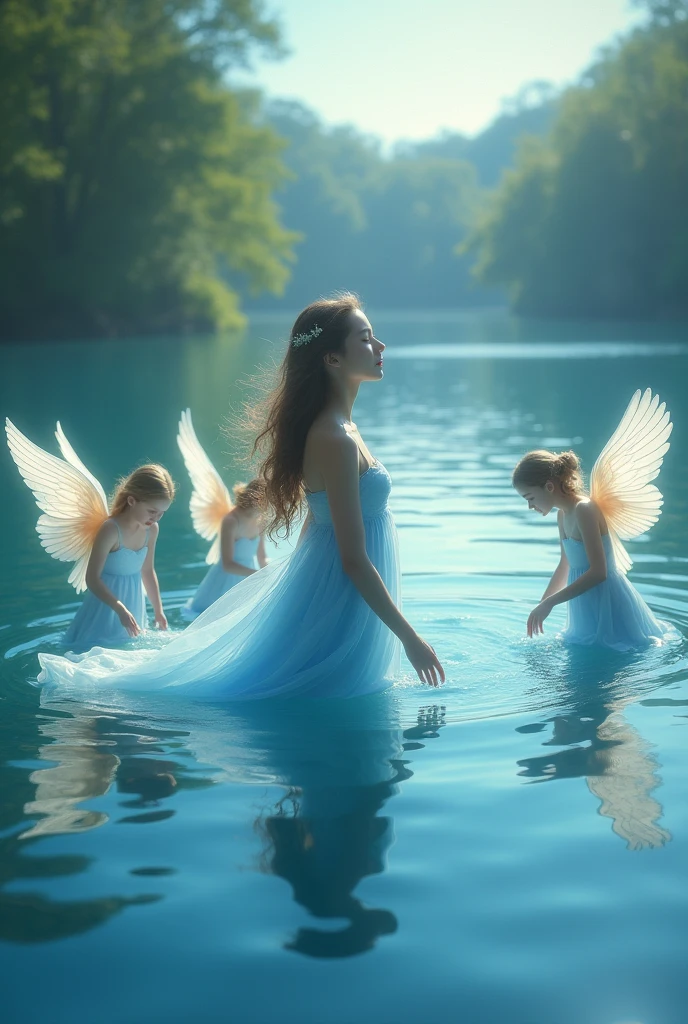 (photorealism:1.2), (masterpiece) , ( highlights and high details) amazing girl in BLUE lake with 7 angels