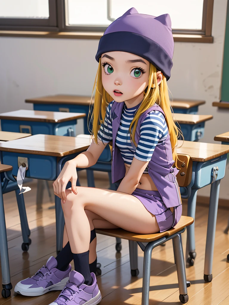 (masterpiece, best quality), 1girl, izumi Orimoto, indoors, classroom, seated, green eyes, blonde hair, long hair, purple beanie, purple vest, purple miniskirt, blue white striped shirt, long purple socks, sneakers, purple vest, striped shirt, navel shirt, small breast,