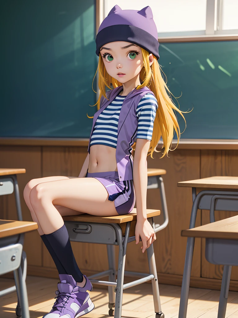 (masterpiece, best quality), 1girl, izumi Orimoto, indoors, classroom, seated, green eyes, blonde hair, long hair, purple beanie, purple vest, purple miniskirt, blue white striped shirt, long purple socks, sneakers, purple vest, striped shirt, navel shirt, small breast,