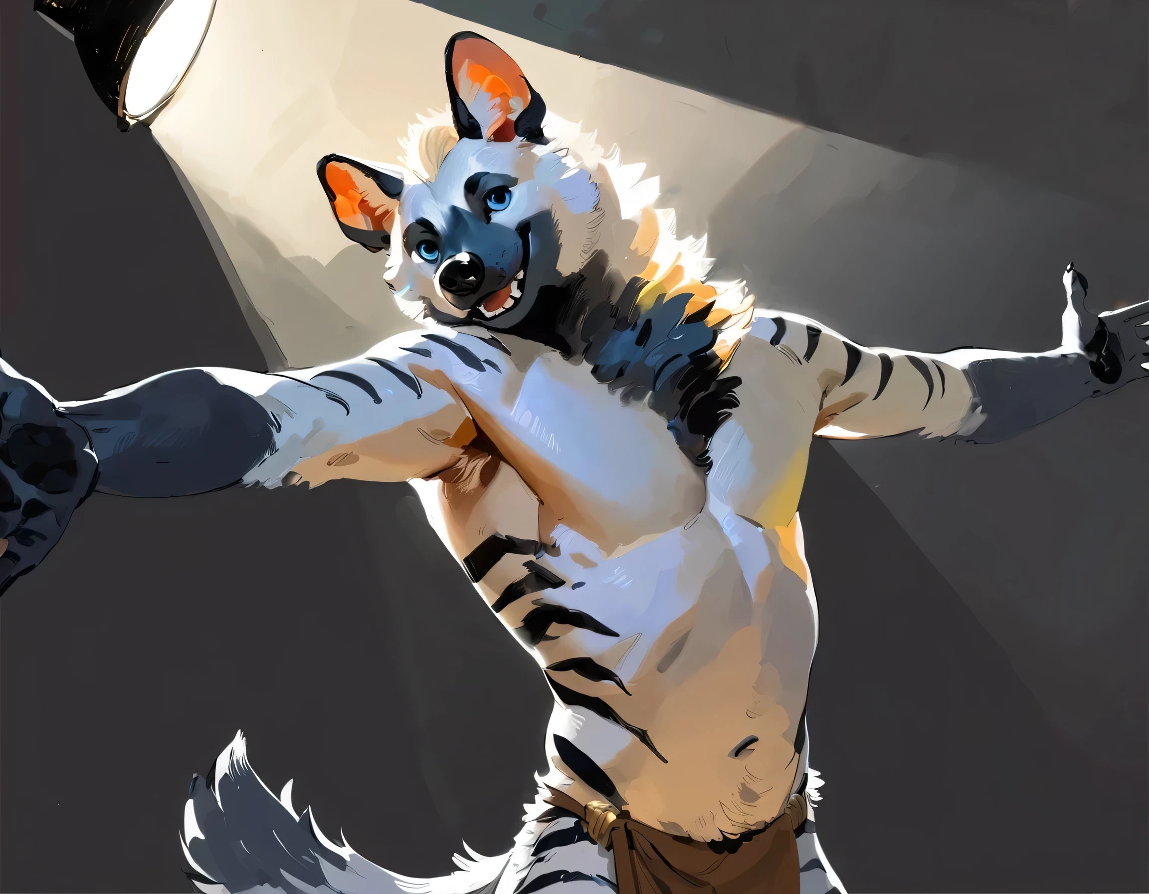 (Striped Hyena), solo, male, (anthro), (by seyorrol), ((simple room background)), realistic shading, (epic, masterpiece, high quality, 8k, ultra HD, absurd res, top quality, best quality, max quality, masterpiece), ((((feminine body))), lean athletic body), realistic blue eyes, squinting, happy expression, wide smile, (offering hug, arms outstretched towards camera, facing camera), (dynamic lighting), ((perfect hands)), detailed fur, (loincloth), dark paw pads, 