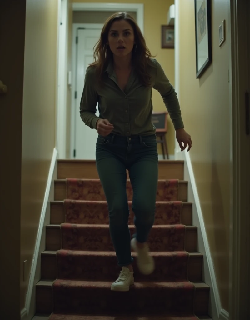 Sara quickly runs up the stairs : plano general (PG), camera tracking, then close-up (Pp) of the mother with an expression of pain.