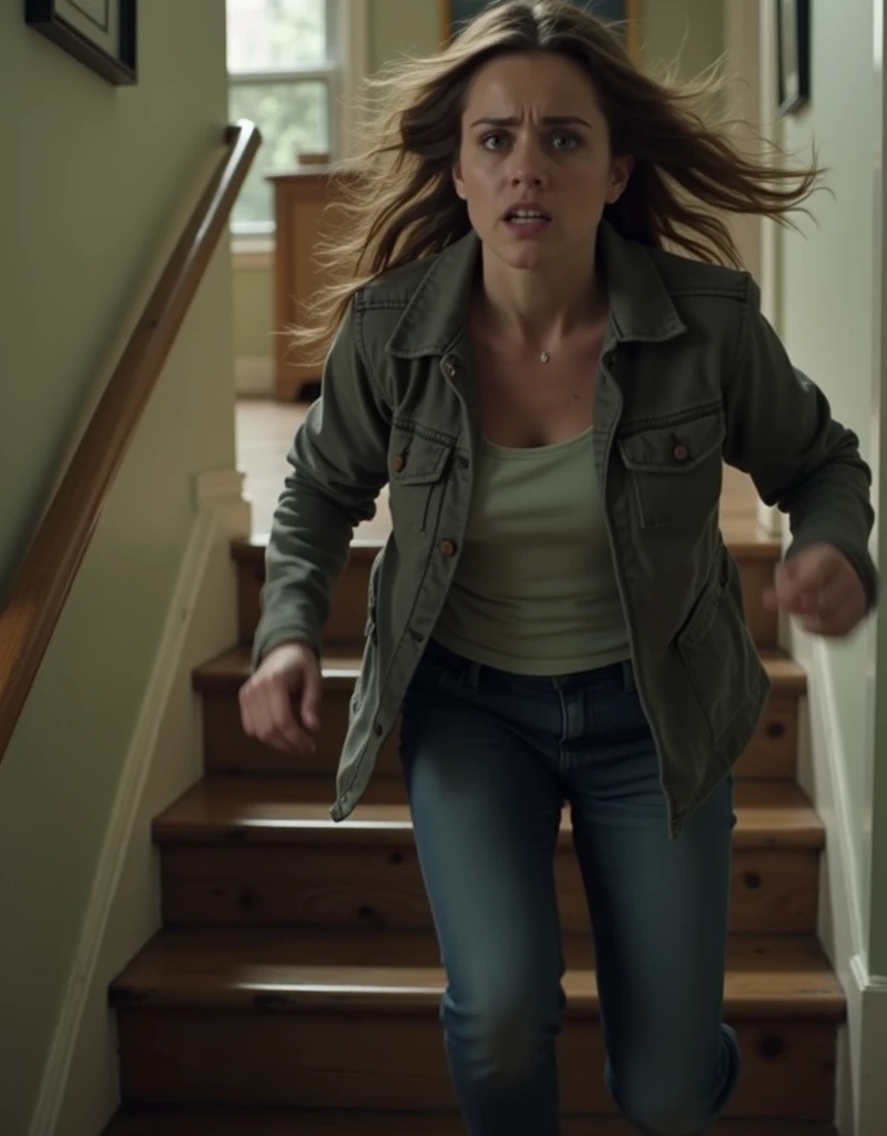 Sara quickly runs up the stairs : plano general (PG), camera tracking, then close-up (Pp) of the mother with an expression of pain.