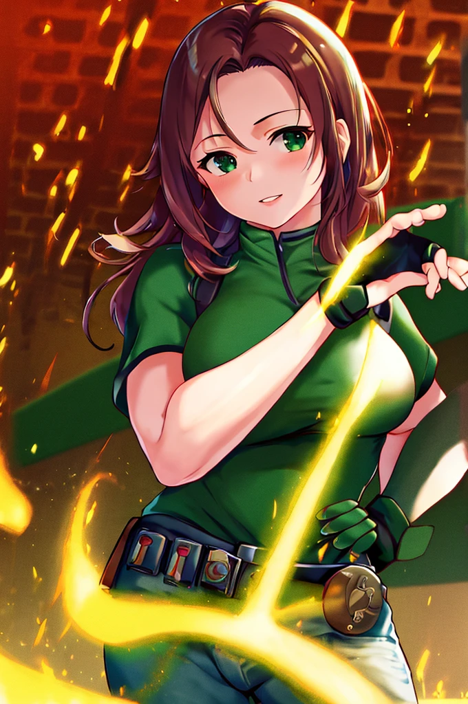masterpiece, best quality:1.2), expressive eyes, perfect face, highres, 1 girl, solo, (female:1.5), chris redfield, green taut shirt, white pants, fingerless gloves, belt, hands to hip, standing, portrait, looking at the viewer,
