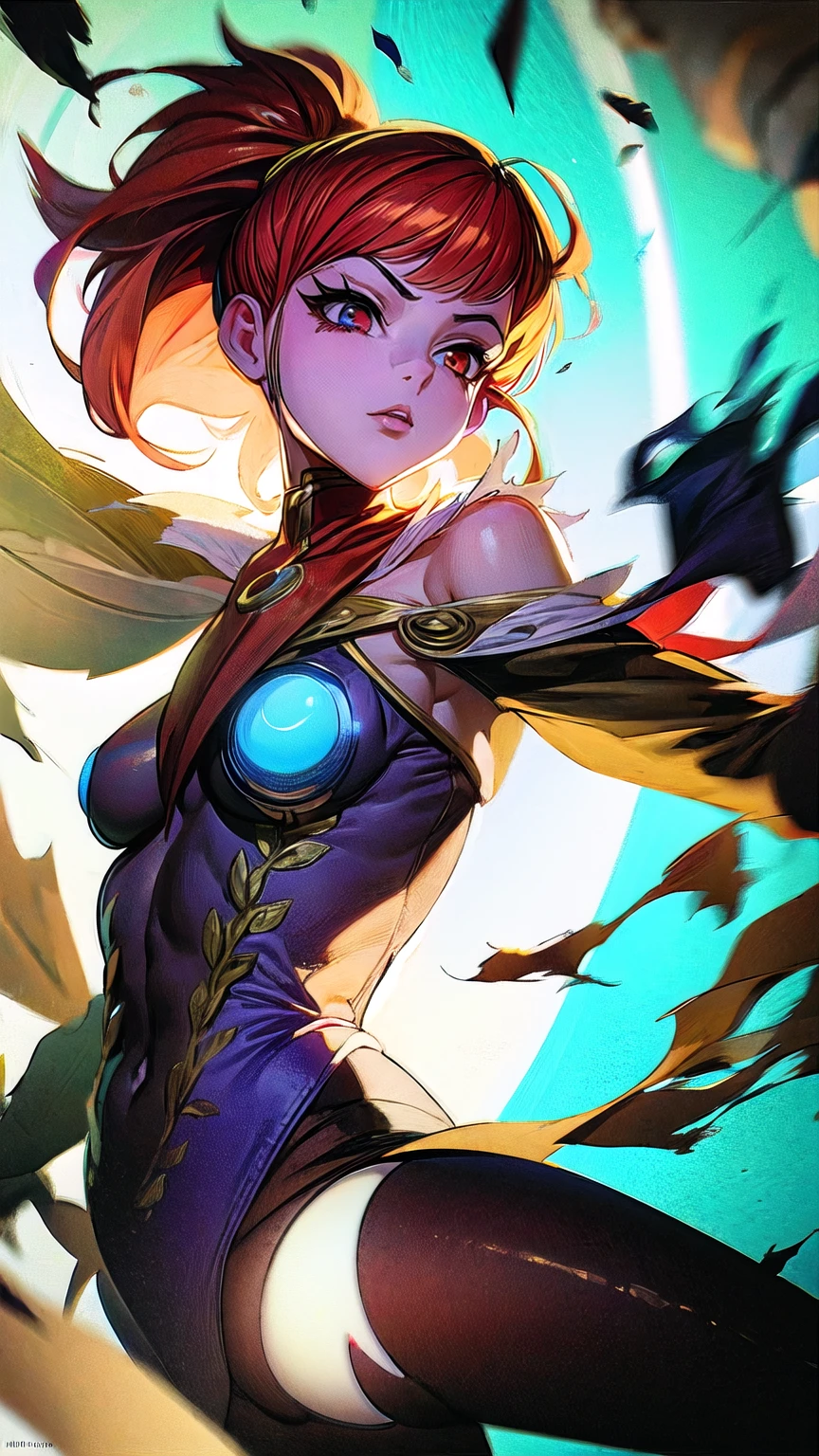 Harle (Chrono Cross), adult woman, slender acrobatic build, (medium bust), torn and ripped harlequin outfit, torn_high_cut_unitard, torn lacy leggings, torn clothes , fighting poses, full length portrait, (wide angle:1.32), dramatic lighting, cinematic composition, color harmony, ultra-detailed 90s anime style, hyper-detailed, detailed face, beautiful eyes, dimensional vortex in background, 8k, masterpiece, intricate clothing details, strong_negative, [[no bra]]