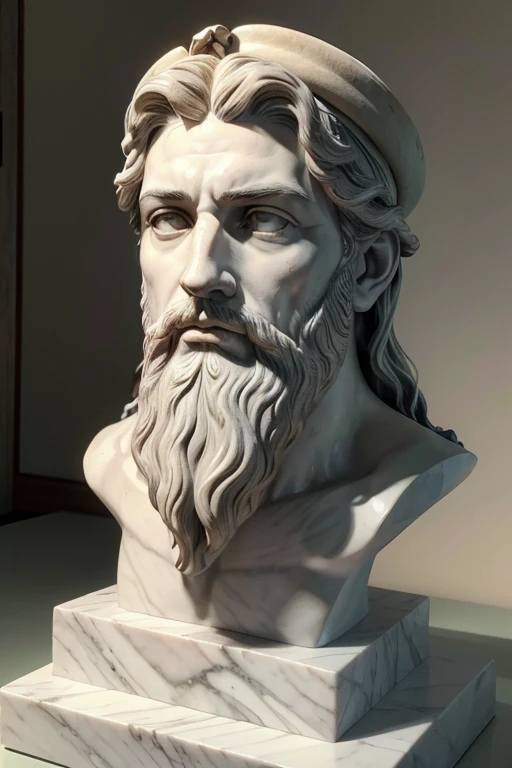 arafed bust of a man with a hat and beard, portrait of rugged zeus, inspired by Exekias, portrait zeus, portrait of zeus, baroque vaporwave statue, stoic attitude, stoicism, by Nassos Daphnis, marble bust, poseidon, inspired by Nassos Daphnis, bust, stoic face, zeus