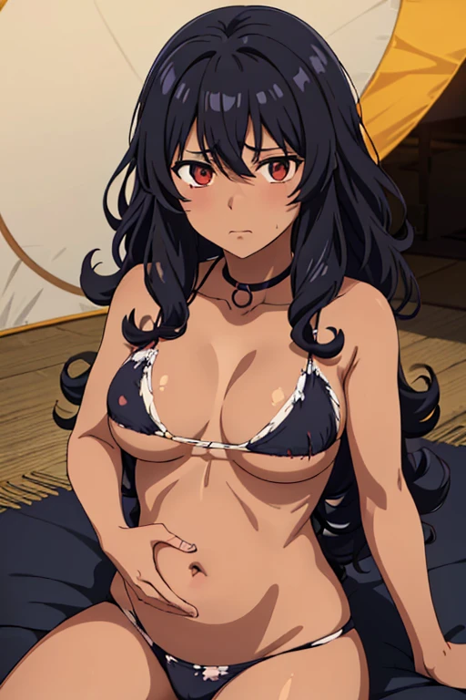 (Anime-style painting style), ((1人Girl), (The expression of someone looking at a delicious prey), (Messy black curly hair, Dark Skin, belly button), (The private parts are covered with tattered cloth.)), (Inside a brown tent at night).
-story:person in distress(user)The natives who captured him as a stranger(human)Girl「jonah」。