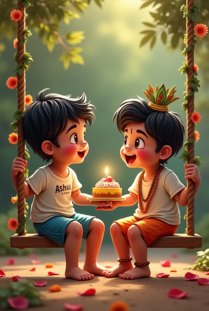 Make such a photo of a young boy whose name is written on his t-shirt as Ashu Yadav and with him sitting Krishna ji and cutting cake from his hand and both of them are sitting on a swing.