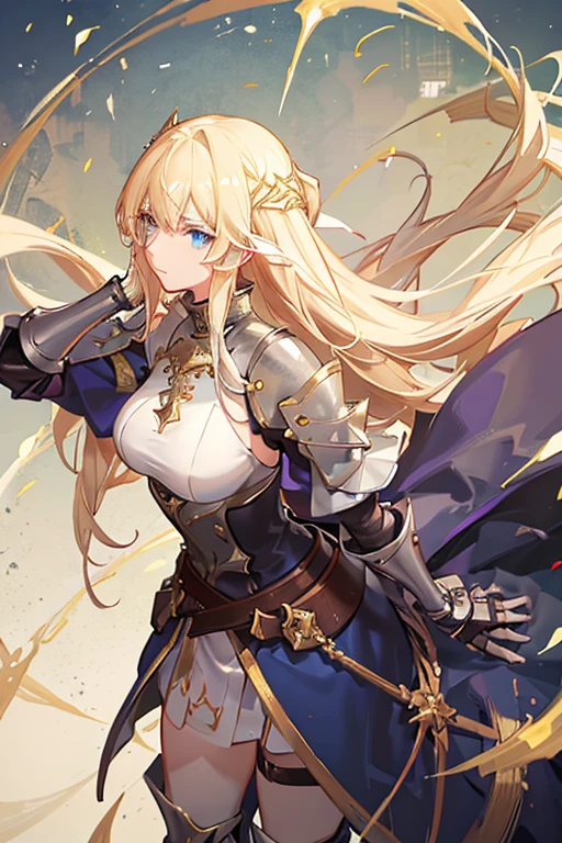 A full-length portrait of a young woman in anime style.., with long, light blonde hair, framed by a white mantle adorned with gold details. He has deep blue eyes and wears blue armor with a gorget.., shoulder pads, before, breastplate, Back plate, elbows, forearms, gauntlets, failures, thighs, poleyn&#39;s, greaves and booties, with intricate scarps of leaves and flowers., and pieces of gold metal covering their shoulders and arms.. A dark brown leather belt with metal buckles secures his armor to his waist..... He wears brown leather boots., Standing in a dynamic action pose. A cross-shaped pendant adorns his chest... The background features a blue sky with fluffy clouds.., Highlighting its majestic and noble appearance., visible from head to toe.