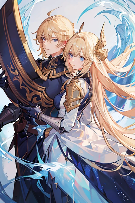 A full-length portrait of a young woman in anime style.., with long, light blonde hair, framed by a white mantle adorned with gold details. He has deep blue eyes and wears blue armor with a gorget.., shoulder pads, before, breastplate, Back plate, elbows, forearms, gauntlets, failures, thighs, poleyn&#39;s, greaves and booties, with intricate scarps of leaves and flowers., and pieces of gold metal covering their shoulders and arms.. A dark brown leather belt with metal buckles secures his armor to his waist..... He wears brown leather boots., Standing in a dynamic action pose. A cross-shaped pendant adorns his chest... The background features a blue sky with fluffy clouds.., Highlighting its majestic and noble appearance., visible from head to toe.