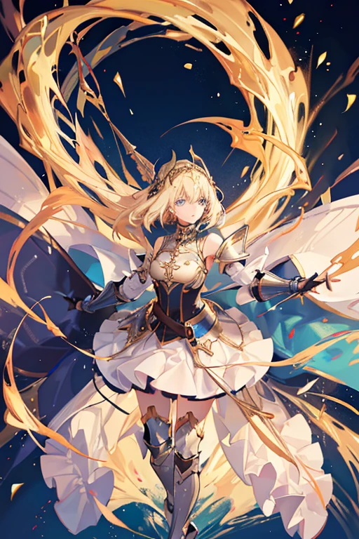 A full-length portrait of a young woman in anime style.., with long, light blonde hair, framed by a white mantle adorned with gold details. He has deep blue eyes and wears blue armor with a gorget.., shoulder pads, before, breastplate, Back plate, elbows, forearms, gauntlets, failures, thighs, poleyn&#39;s, greaves and booties, with intricate scarps of leaves and flowers., and pieces of gold metal covering their shoulders and arms.. A dark brown leather belt with metal buckles secures his armor to his waist..... He wears brown leather boots., Standing in a dynamic action pose. A cross-shaped pendant adorns his chest... The background features a blue sky with fluffy clouds.., Highlighting its majestic and noble appearance., visible from head to toe.