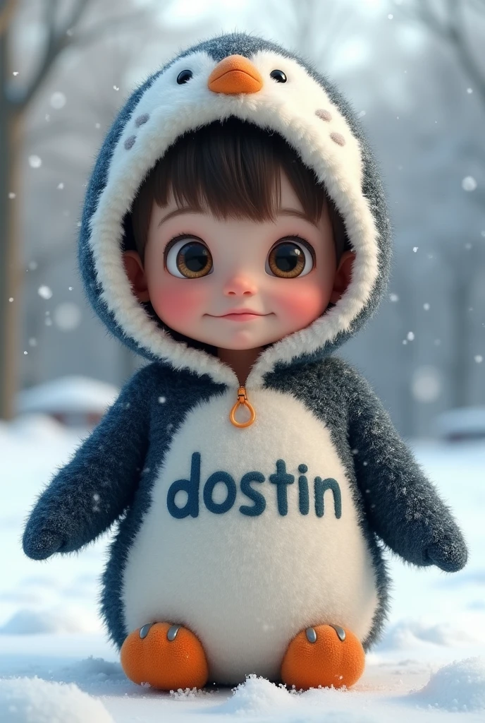 A boy wearing penguin hoodie with letter "dostin”