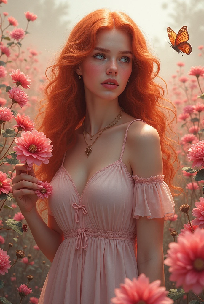  Digital hyperrealistic art, A field with beautiful flowers in the background, a red-haired woman with long curly hair holds a flower in her hand while leaning slightly towards it., Although there is some softness in her face, she maintains a serious look and a beautiful 0 girl next to her running chasing a butterfly. image with pink tones 