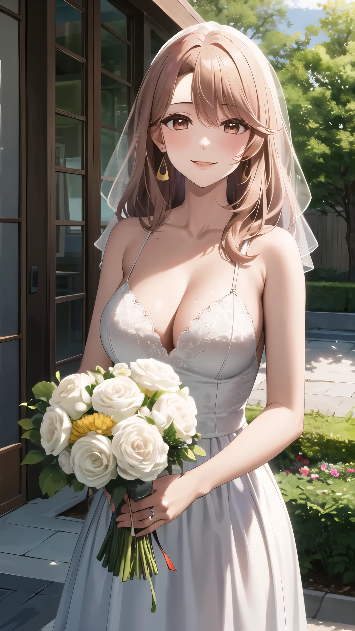 masterpiece, best quality, highres, aamiyako, long hair, jewelry, earrings, wedding dress, holding bouquet, garden, smile