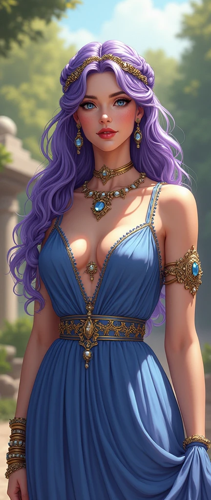 dress_sangdezeus_hera_propiowaifu,
1 girl,simple braid, hair over the shoulder, old,very long hair, sock, purple hair, blue eyes, Lipstick, make up, medium old, red Lips, clavicle, hits, Lips, jewelry, earrings, bracelet, bracelet,  tiara, colored skin, collar, corona, large old, brace, hair ornament, 
dress, neckline, layer, neckline, greek clothing, colored sclera, bare shoulders, apertura central, blue layer, long dress,
((masterpiece)),((Best Quality)),(High resolution, absurdities), original, official_until, looking at the viewer, Alone, in focus, outdoor, day, cowboy shot,