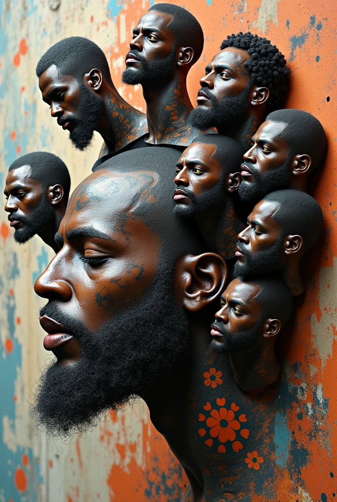 Expressionist artwork images of multiple floating ceramic heads of heavily tattooed black men, 3d collage style, make it weird and gallery worthy