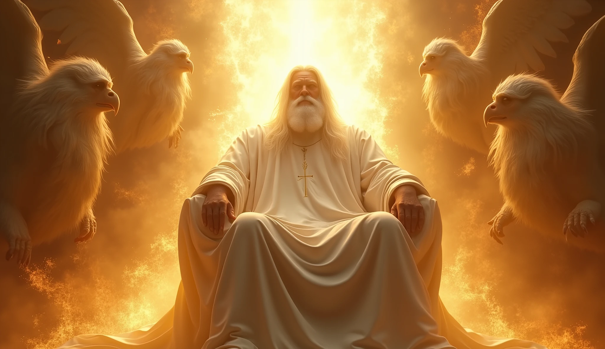 Generate images of Gigantic God in heaven who is vast, face of white gold light, with long hair white, white beard, face hidden by golden light in a white robe of His firery golden Thrown of light. Cover his face with White light and put him on a large firy gold throne surrounded by 24 elders and angel of Cherubim and Seraphim with four faces, the face of a man, an eagle, an Bull and a Lion. They are around God's thrown. God is vast, 32K UHD, Style Raw, detailed, masterpiece, realistic, your golden sign written "king of kings , Lord of Lords " Its resplendent light capable of blinding any vision, God doesn't have wings.other thrones with ancient beings on them