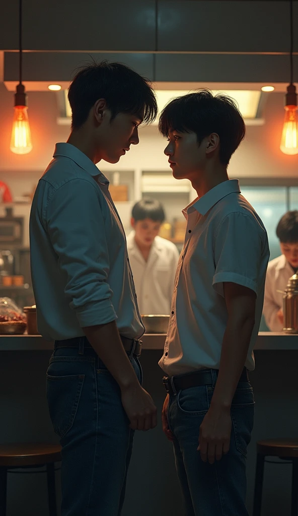 Image of a young black-haired Korean man wearing blue jeans and a white shirt inside a restaurant looking for a job while his boss yells aggressively at him and humiliates him