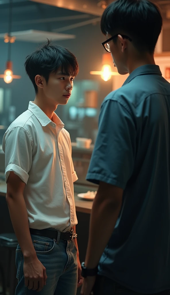 Image of a young black-haired Korean man wearing blue jeans and a white shirt inside a restaurant looking for a job while his boss yells aggressively at him and humiliates him