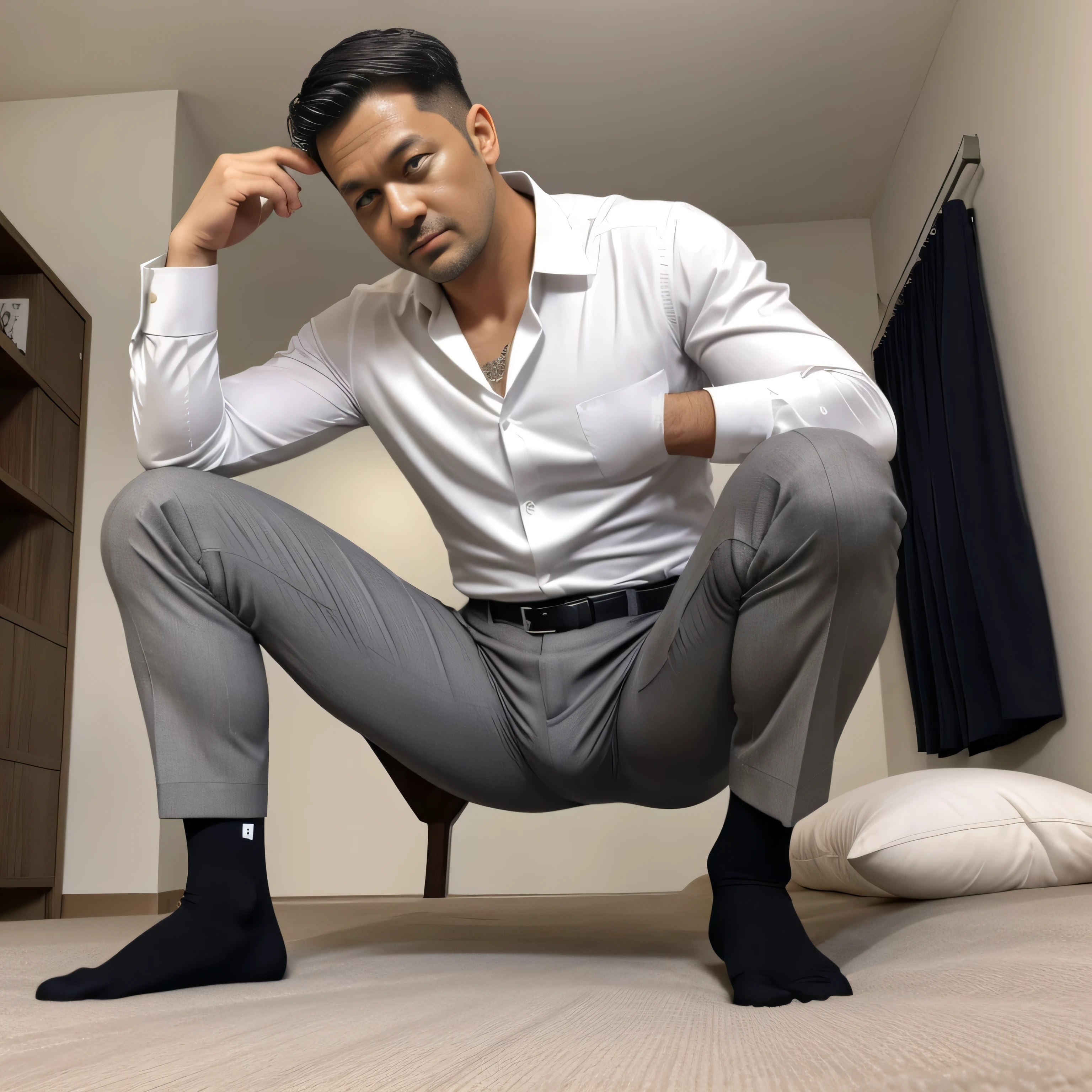 40 years old,One Man,Gray suit pants,Hermes Belt、White shirt、Salaryman、Bedroom、bed、。Squat with your legs apart、,,logic,Gay ,Very short hair、,Stubble, ,Asian Faces,、The crotch area of my trousers is swollen Handsome Black socks