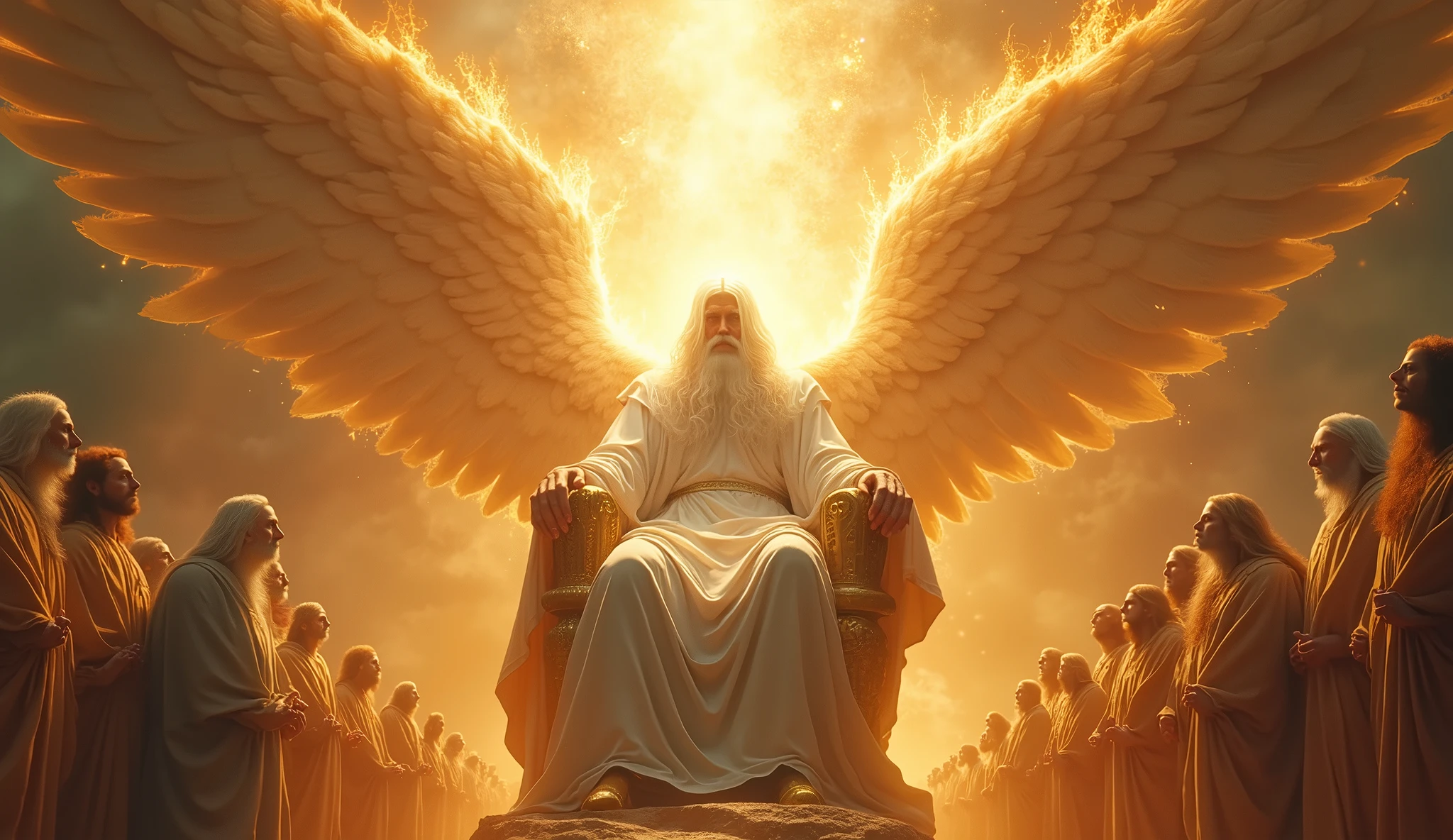 Generate images of Gigantic God in heaven who is vast, face of white gold light, with long hair white, white beard, face hidden by golden light in a white robe of His firery golden Thrown of light. Cover his face with White light and put him on a large firy gold throne surrounded by 24 elders and angel of Cherubim and Seraphim with four faces, the face of a man, an eagle, an Bull and a Lion. They are around God's thrown. God is vast, 32K UHD, Style Raw, detailed, masterpiece, realistic, your golden sign written "king of kings , Lord of Lords " Its resplendent light capable of blinding any vision, God doesn't have wings.other thrones with ancient beings on them