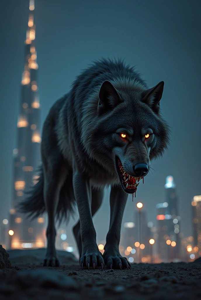 A dangerous wolf who is covered in blood and the place is Dubai Burj Khalifa's and it is night time