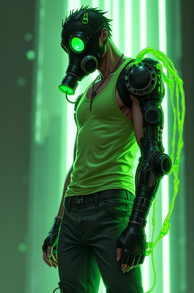 Man with a single prosthetic leg, tubes coming from the prosthetic pumping a green liquid, black gasmask with bright green details, wearing a tank top and pants with one leg, anime style