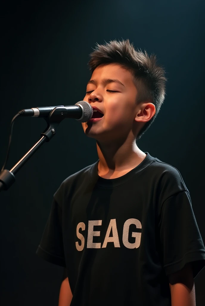 A boy singing Infront of mic wearing black t-shirt written SEAG on it