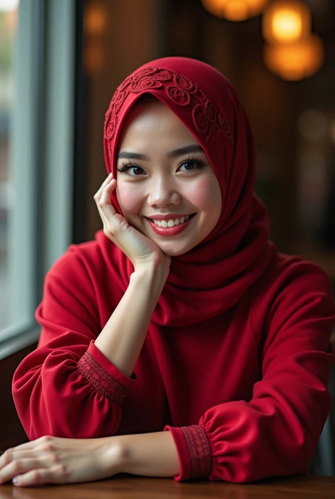 Hijab , portrait half body shoot 1:2 , holding face. One hand on table. Dominance smile. Perfect theeth.shoot by canon r6 Godox v1 Speedlite. Lace hijab. Wear minimalist flower red hijab. Girl average 2. Samo matang skin. Upturned eyes. Heavy make up. Perfect hijab((.chinese eyes)) Cafe background.cyberpunk dress hoodie white black.holding man hand. pink lips, snube nose big. Beautiful eyesbrow, long lashes. Brown hazel eyes.. chubby face. Indonesia girl nose. Hidung pesek. small pimple lot on skin. Dry skin. Very cute.