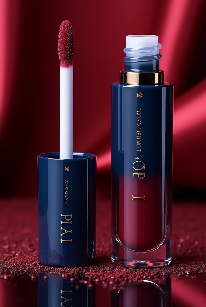 a gloss for the brand "You&Me", product color (gloss): wine. bottle design color: dark blue, white and gold details.
