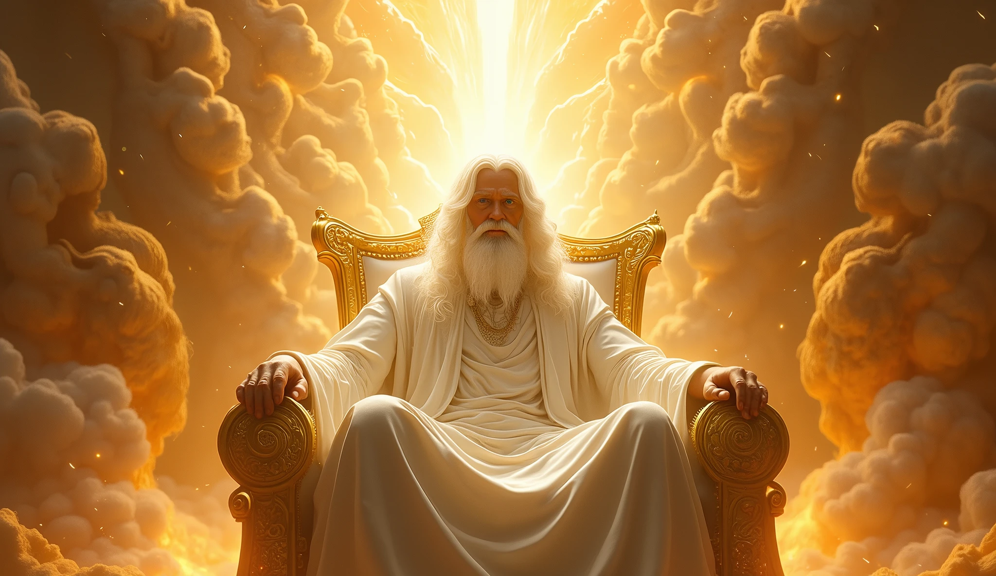 Generate images of Gigantic God in heaven who is vast, face of white gold light, with long hair white, white beard, face hidden by golden light in a white robe of His firery golden Thrown of light. Cover his face with White light and put him on a large firy gold throne surrounded by 24 elders and angel of Cherubim and Seraphim with four faces, the face of a man, an eagle, an Bull and a Lion. They are around God's thrown. God is vast, 32K UHD, Style Raw, detailed, masterpiece, realistic, your golden sign written "king of kings , Lord of Lords " Its resplendent light capable of blinding any vision, God doesn't have wings.other thrones with ancient beings on them
