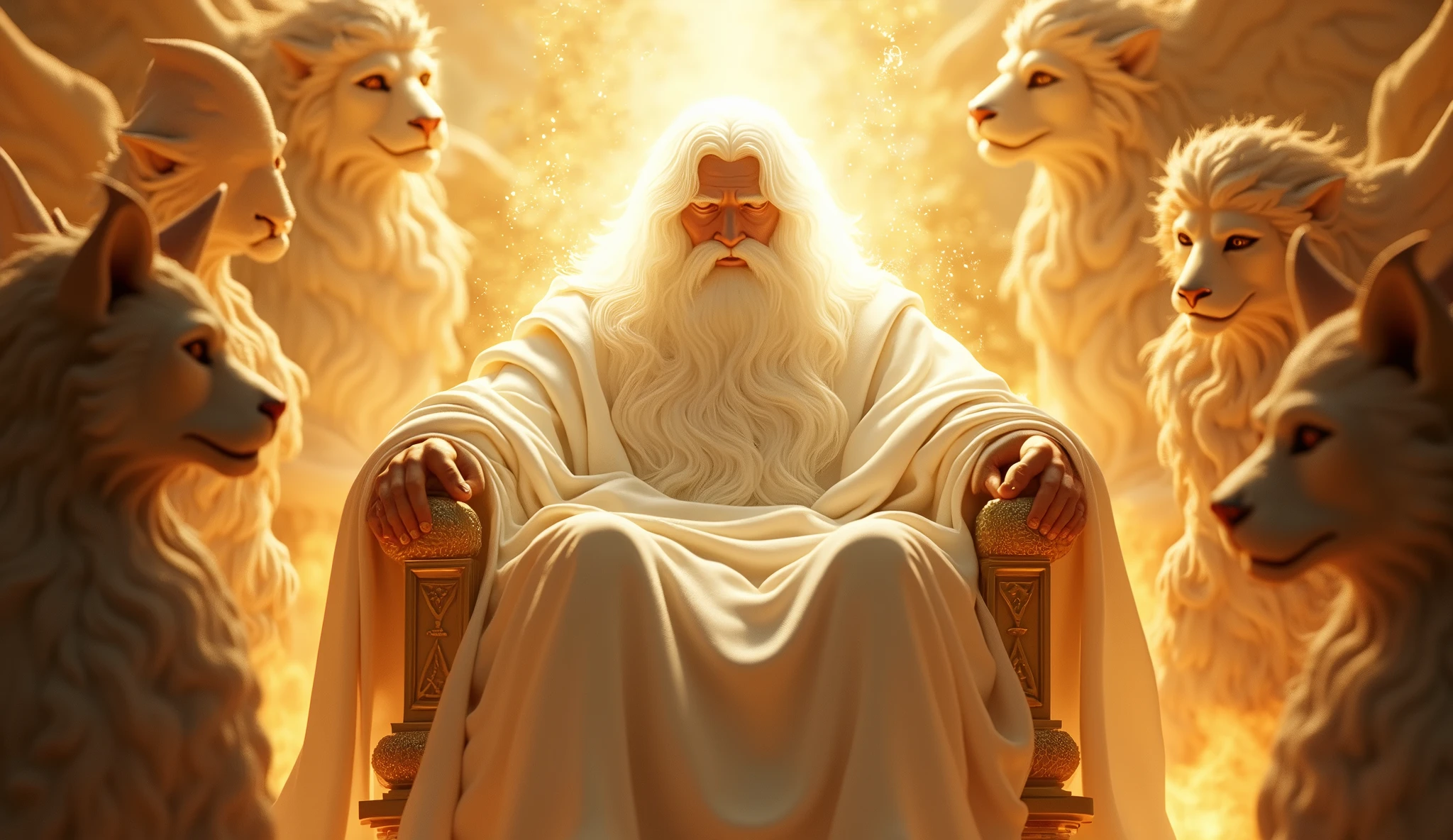 Generate images of Gigantic God in heaven who is vast, face of white gold light, with long hair white, white beard, face hidden by golden light in a white robe of His firery golden Thrown of light. Cover his face with White light and put him on a large firy gold throne surrounded by 24 elders and angel of Cherubim and Seraphim with four faces, the face of a man, an eagle, an Bull and a Lion. They are around God's thrown. God is vast, 32K UHD, Style Raw, detailed, masterpiece, realistic, your golden sign written "king of kings , Lord of Lords " Its resplendent light capable of blinding any vision, God doesn't have wings.other thrones with ancient beings on them