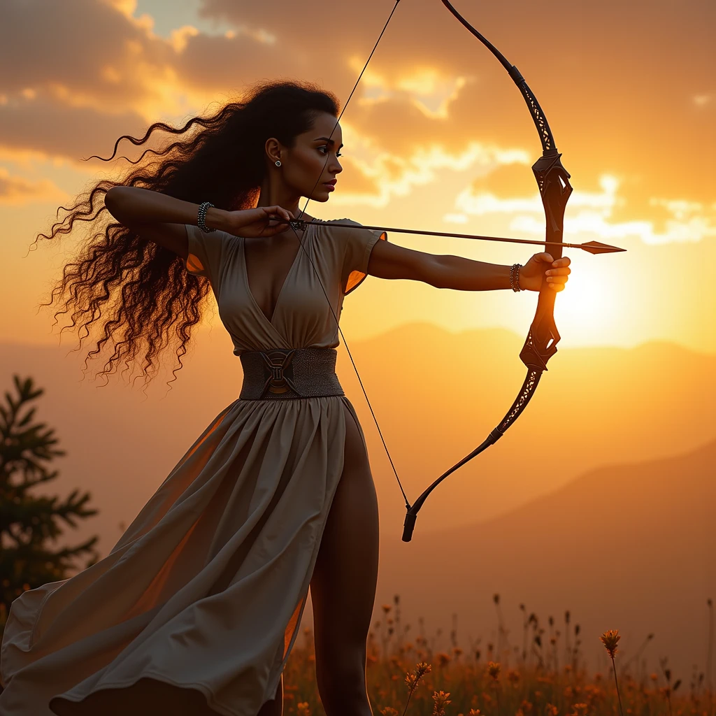 illustration of sophisticated female archer, sun rising, sunrise behind archer, ready for action, super feminine, with long curly hair, arrow ready to shoot, arrowhead flashing, sunlight, high detail, best quality, 16k (very detailed), dynamic angle, bow aiming , bow (weapon), photorealistic full-length portrait