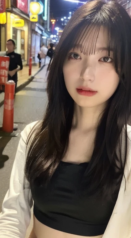 (Realistic Light, Highest quality, 8k, masterpiece: 1.3)), Places of interest: 1.2, 1 person, Perfect beauty: 1.4, Slim Belly: 1.1, ((Dark brown hair)), (Black Cropped Shirt: 1.4), (Outdoor, at night: 1.1), Chinatown Road, Very smooth face, Good Eyes, double eyelid, White shorts, Big Breasts,