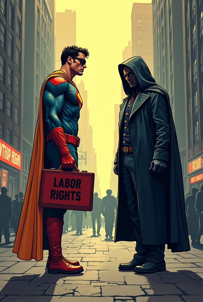 : A superhero with a briefcase "Labor Rights" facing a villain called "Exploitation".