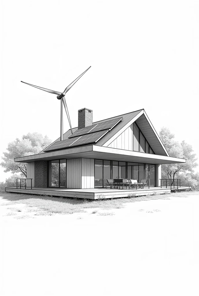 sketch a black and white design of a residential house with solar panel and windmill, rain water catchment
