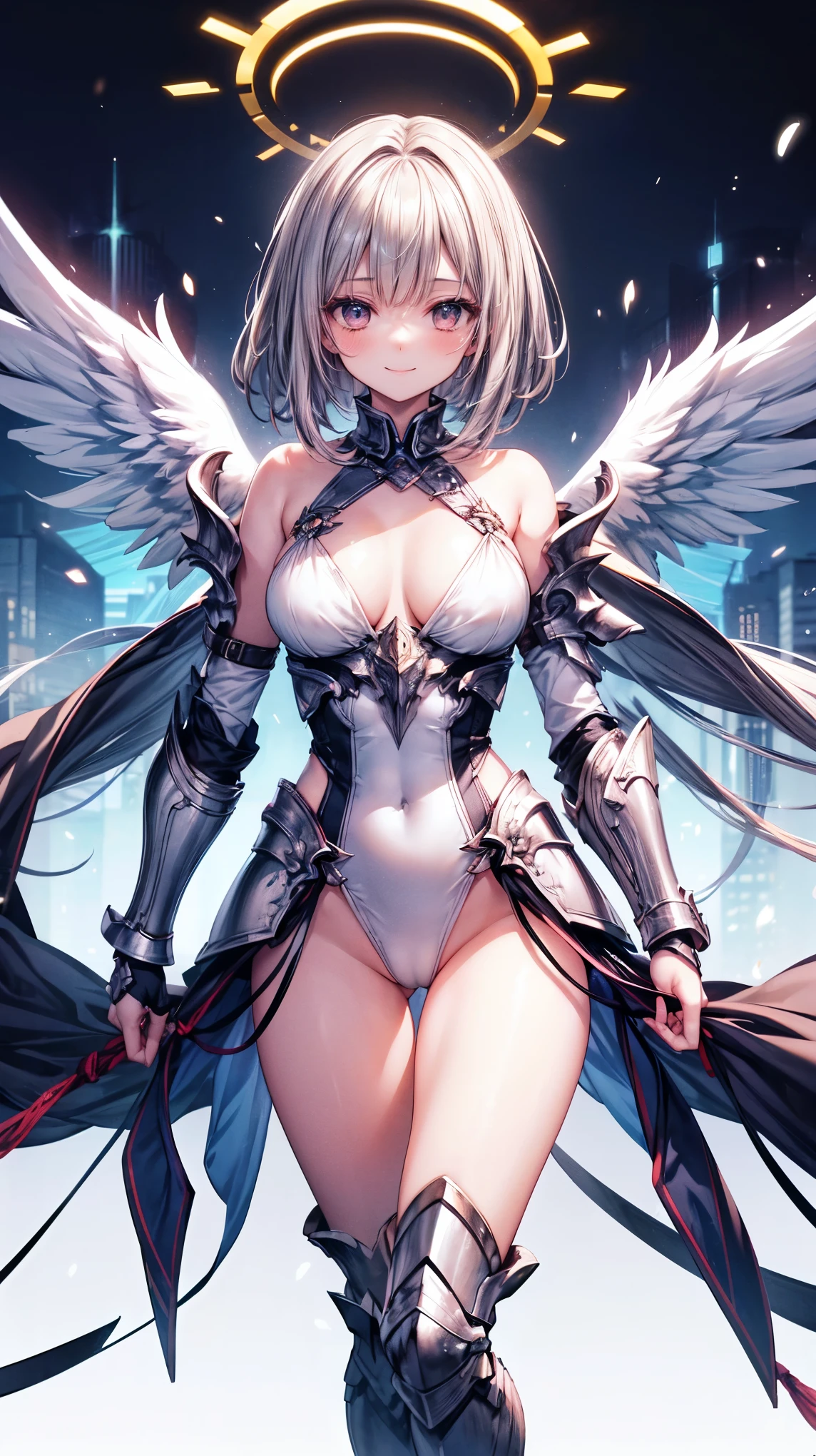 fantasy, 1angel_girl,(_teen:, ,brown_hair, medium_bob_hair, long_bangs, halo,bare_shoulder,thighhighs,silver_armor, waist_armor, large_breasts,1pair_wings, dynamic_pose_fighting,floating, bare_crotch, headgear,gauntlet, greaves,city_landscape_background,slightly_spread_legs, solo, groin_naked,smile