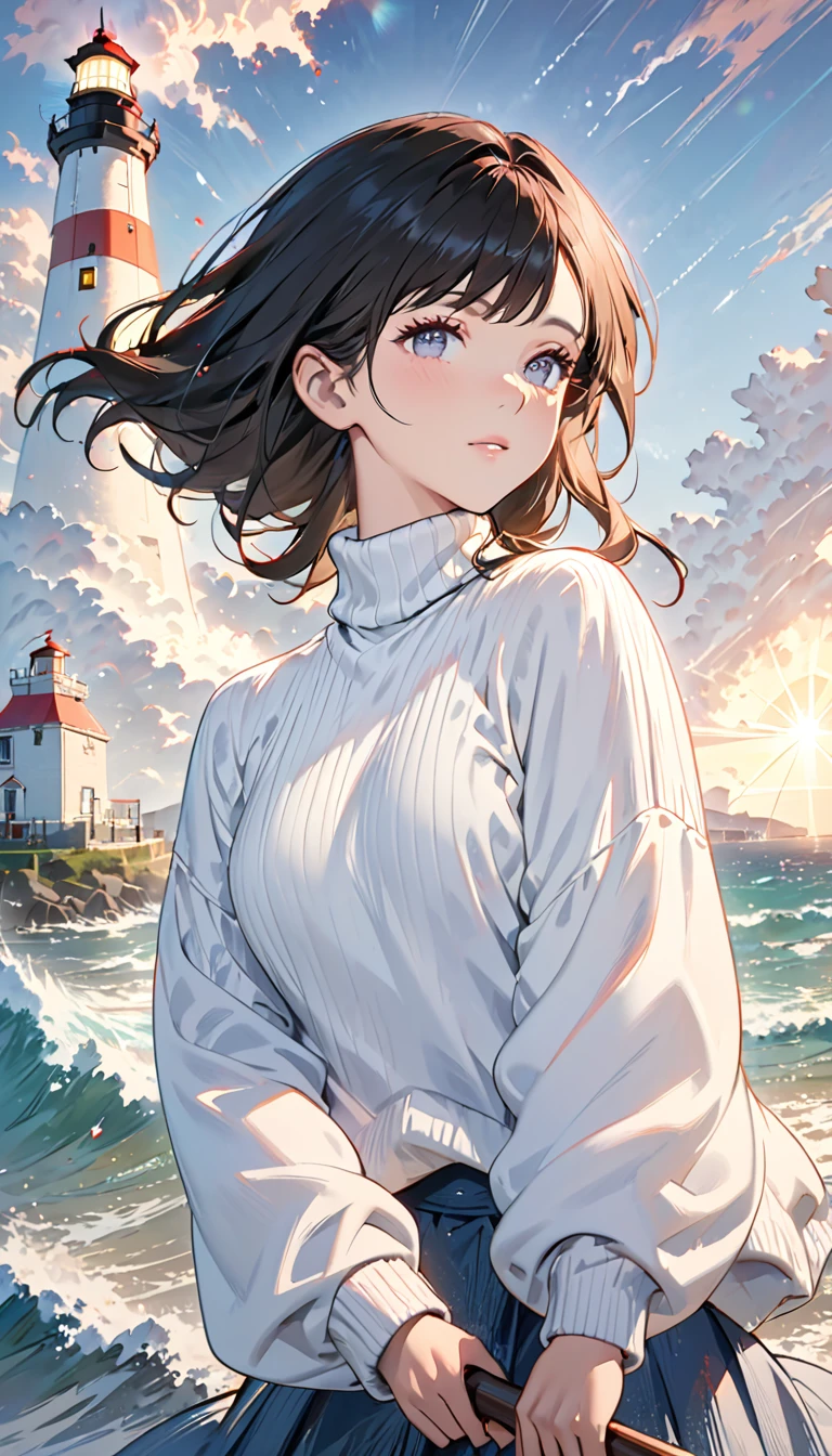 shortage々Portrait of a beautiful face (Old Fisherman:1.3), (Face Focus:1.5), (storm:1.2), (Wave:1.3), Ocean, (Lighthouse background:1.3), (Cowboy Shooting:1.4), (White knit turtleneck sweater:1.3), Looking at the audience, practical, masterpiece, Highest quality, Backlight, (Lens flare:1.1), (bloom:1.1), (chromatic aberration:1.1), author:Jeremy Lipking, author Antonio J. Manzanado, number