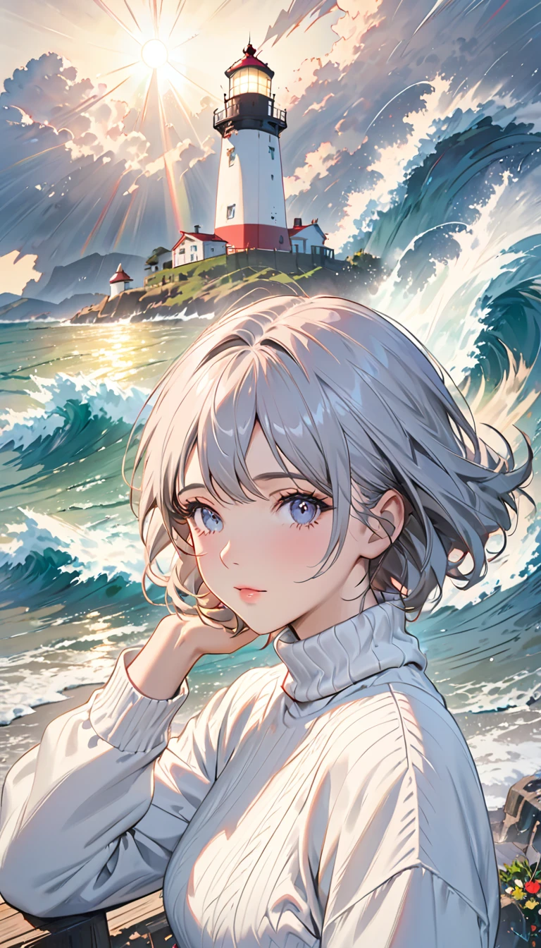 shortage々Portrait of a beautiful face (Old Fisherman:1.3), (Face Focus:1.5), (storm:1.2), (Wave:1.3), Ocean, (Lighthouse background:1.3), (Cowboy Shooting:1.4), (White knit turtleneck sweater:1.3), Looking at the audience, practical, masterpiece, Highest quality, Backlight, (Lens flare:1.1), (bloom:1.1), (chromatic aberration:1.1), author：Jeremy Lipking, author Antonio J. Manzanado, number