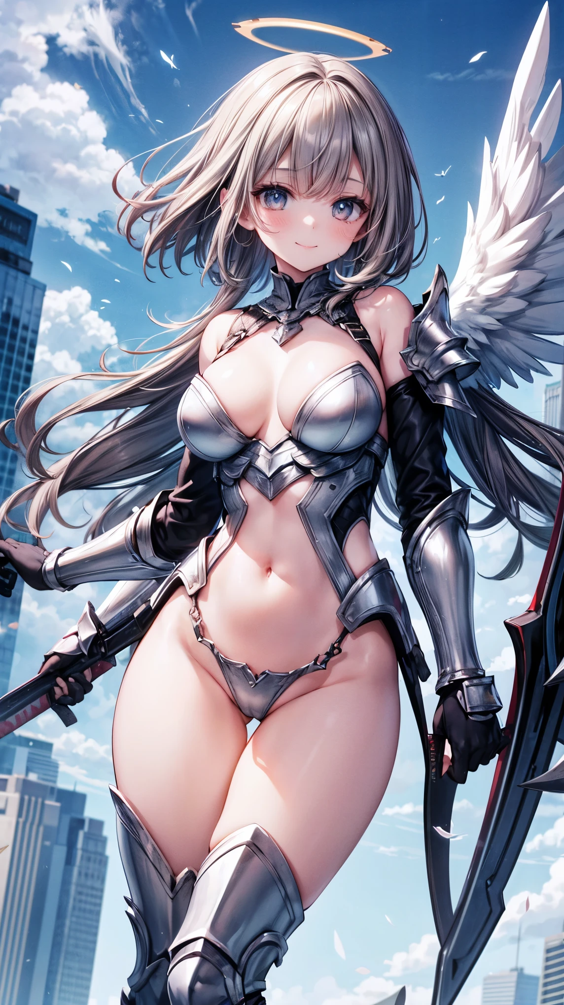 fantasy, 1angel_girl,(_teen:, ,brown_hair, medium_bob_hair, long_bangs, halo,bare_shoulder,thighhighs,silver_armor, waist_armor, large_breasts,1pair_wings, dynamic_pose_fighting,floating, bare_crotch, headgear,gauntlet, greaves,city_landscape_background,slightly_spread_legs, solo, groin_naked,smile