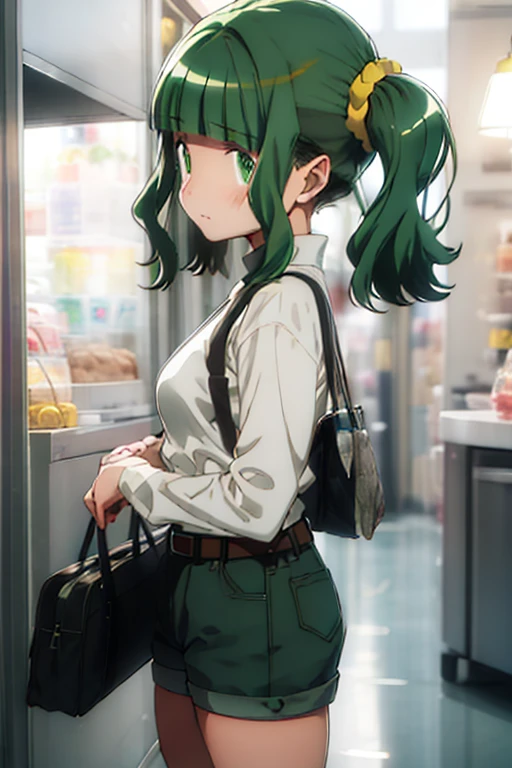 best quality, masterpiece, highres, solo, bangs, sidelocks, blunt bangs, twintails, green hair, wavy hair, medium hair, green eyes, hair ornament, blush, dot nose, closed mouth, aqua hair, scrunchie, yellow scrunchie, hair scrunchie, 1girl, looking at viewer, from side, white shirt, belt, jeans shorts, shorts rolled