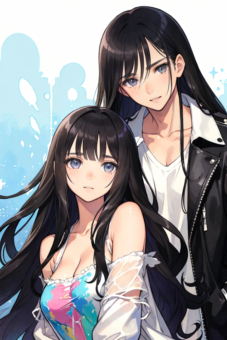 man and woman, couple, love, mature, a cat woman, she has freckles, she has dark brown eyes and an upturned nose, she is happy and smiling, she has long wavy hair, black hair, she is wearing aviator sunglasses with clear lenses in a soft watercolor style. The girl's clothes must be pink, purple, and blue in celebration of the bisexual, with stains of ink and watercolor mixing and filling the scene. he has blonde hair, he is handsome, he is slim. There should be a subtle, nuanced change in colors using the impasto technique with gouache paint. There should be a light rain in the watercolor painting with a little watercolor paper texture and a pastel background.