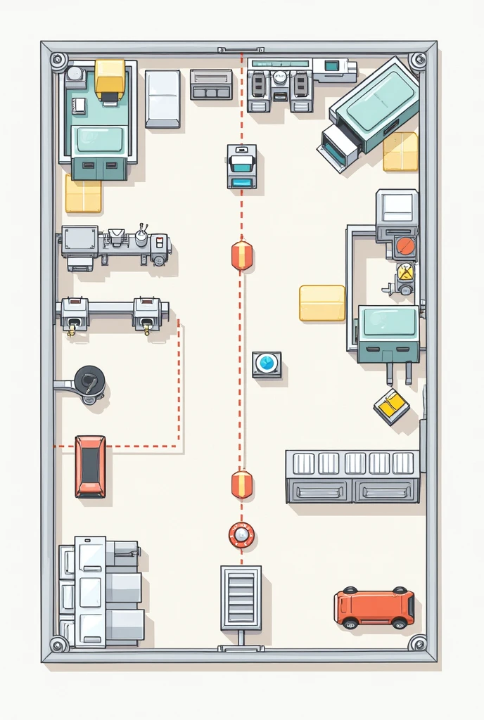 Generate a 1D risk map and its respective legend for a mechanical workshop that has evacuation signs and a chemical storage facility, that is less detailed
