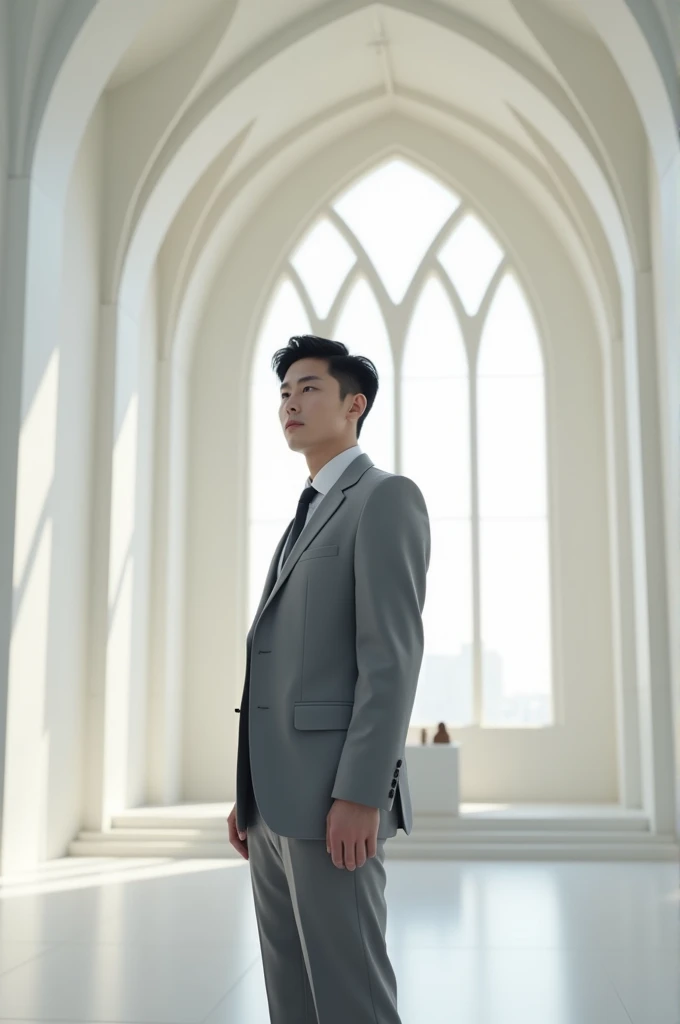 make a realistic image of Korea guy wearing a grey suit the background is in the white church